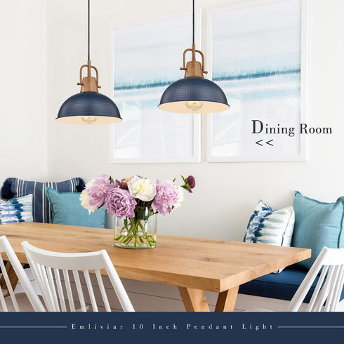 Emliviar 2 Pack Hammered GE269MIL-2 Blue Pendant Light, Metal Haning Lighting Fixtures with Wood Grain Part, BL+WD