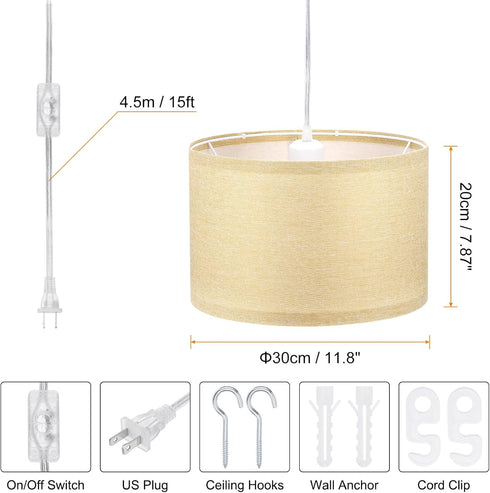 2 Pack 15Ft E26/E27 Bulb PATIKIL Plug in Pendant Light, Rope Cord Hanging Lamp Fixture with ON/Off Switch, Linen Fabric