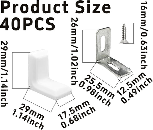 Runseaway 40Pcs 1" L Shaped Angle Brackets, Metal Plastic Right Angle Corner Brace Joint with White Cover for Shelves
