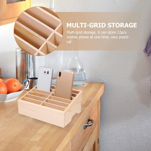 SEWACC Portable Desk Organizer, 3 Pcs Wooden Cell Phone Storage Box with 12 Grids for Home, Office, Classroom