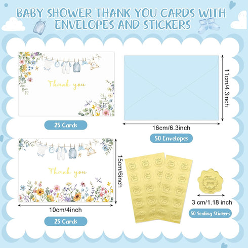 50 Pack Set Thboxes Blue Baby Shower Thank You Cards with Envelopes and Stickers for Boy, Thank You Notes