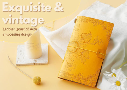 InnoBeta Sunflower gifts for Women Leather Journal Notebook 7x5 Inches, Refillable Sketchbook, Travel Diary, Lined Planner - Yellow - Magic Sunflower