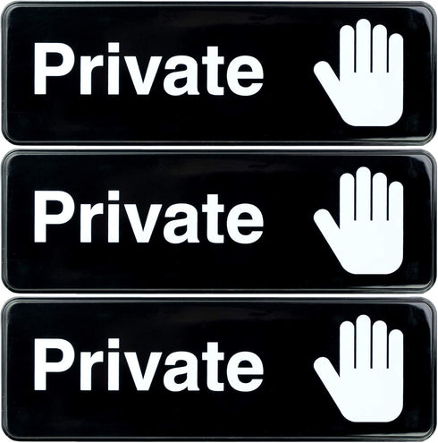 Excello Global Products Private Sign for Doors, Easy to Mount Informative Plastic Sign with Symbols, Pack of 3 (Black)