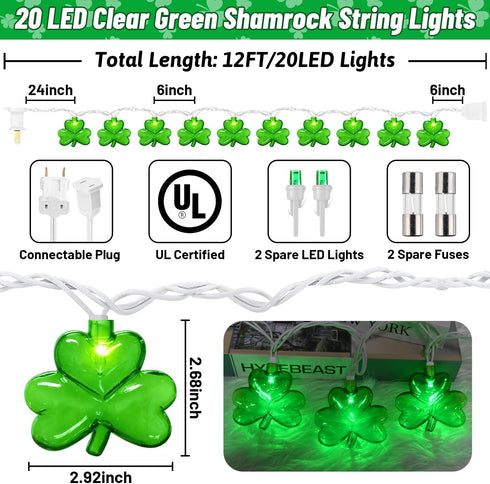 20LED 12Ft 20 St Patrick's Day Decorations Lights, Clear Green Shamrock String Lights Outdoor Waterproof with LED Lucky