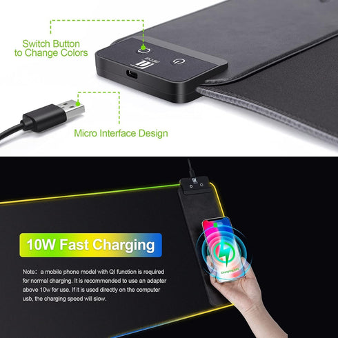 Large RGB Gaming Mouse Pad with Wireless Charging, 10 LED Colors, Ultra-Smooth Surface & Non-Slip Rubber Base,