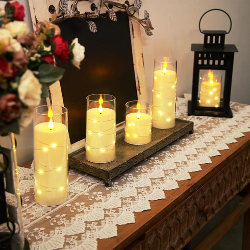 Set 5(H4 5" 6" 8" 8") Homemory Flameless Candles with Embedded Star String Fairy Lights, Battery Operated Candles, LED