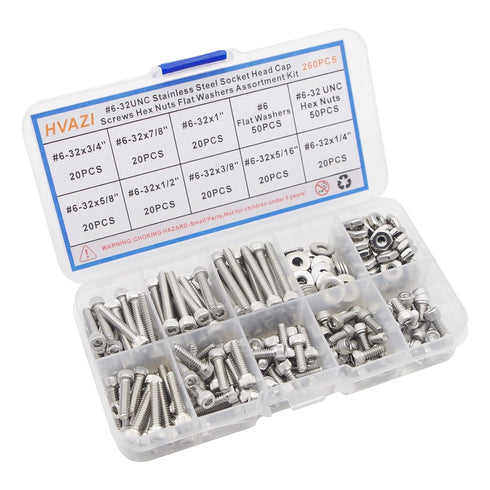 #6-32 UNC Stainless Steel Hex Socket Head Cap Screws, Hex Nuts, Flat Washers Assortment Kit