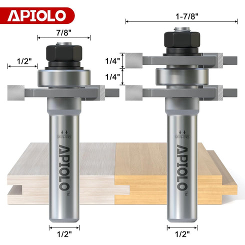 2 Set 1/2 Inch 3 Professional PCS Tongue and Groove Router Bit Shank, Teeth T Shape Wood Milling Cutter Woodworking