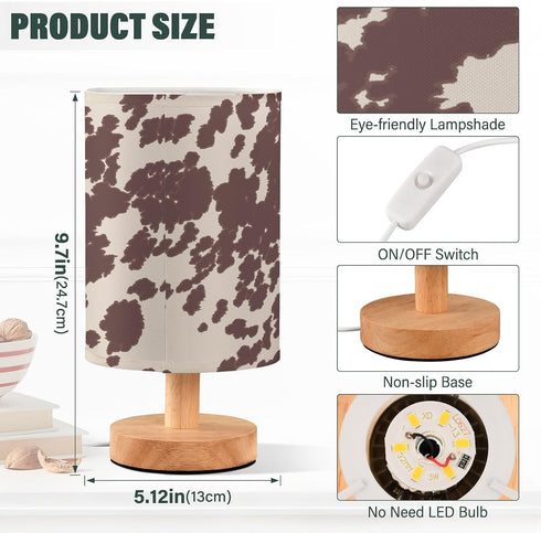 Bedside Lamp Cow Horse Print Brown Spots Table Lamp for Bedroom LED Nightstand Lamp Shade USB Ports Wood Base