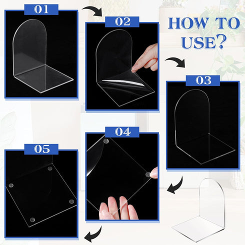 Leinuosen 32 Pcs Clear Acrylic Book Ends, Heavy Duty Non Skid Book Holders with Silicone Pad, Arch Shape for Books,