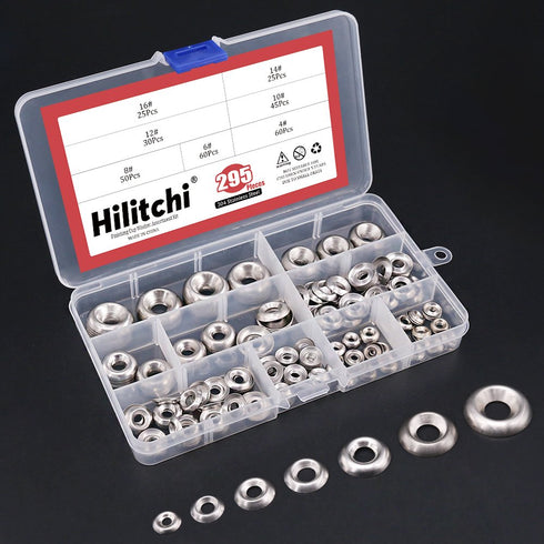 Hilitchi 295-Pcs Finishing Cup Countersunk Washer Assortment Set, 304 Stainless Steel (#4 - #16)