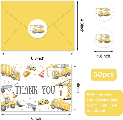 50Pcs 4 6 Inch FYSUIMU Construction Thank You Cards Greeting Cards with Envelopes Stickers Yellow Gray Dump Truck