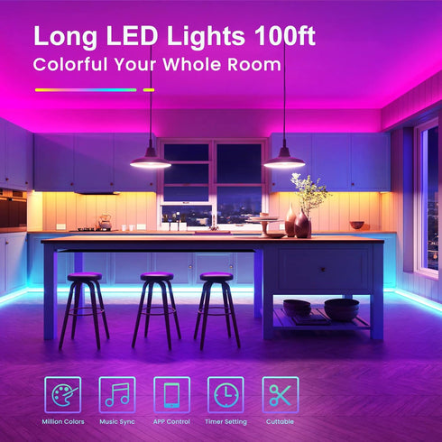 100ft, TJOY LED Lights for Bedroom RGB Color Changing Led Strip Lighting with Remote and Smart APP Control, Music Sync