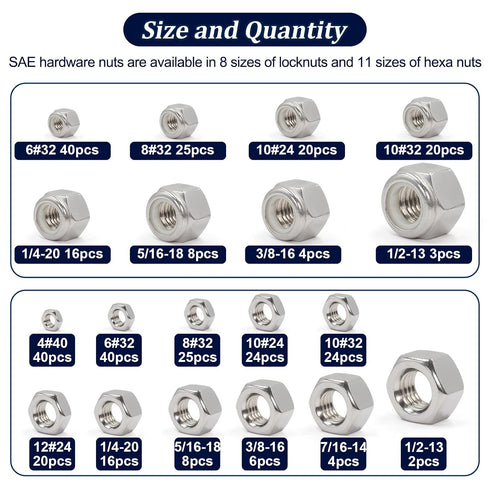 ZQZ 345 Pack 4#40 6#32 8#32 10#24 10#32 12#24 1/4-20 5/16-18 3/8-16 7/16-14 1/2-13, 304 Set SAE Hex Nut & Lock Nuts