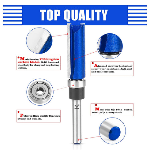 4Pcs 1/4 Inch Set,Cutting 1/2", 1/2", 3/4", 1", 1-1/2" Pattern Flush Trim Router Bits Shank, Bottom Bearing Carbide