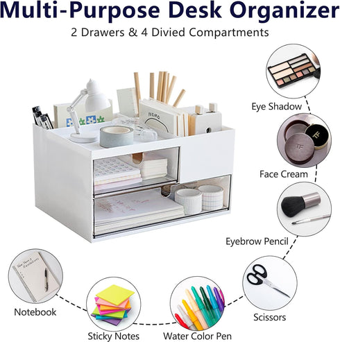 Desk Drawer Organizer, White Storage Box with 2 Drawers and 4 Compartments for Multifunctional Desk Accessories