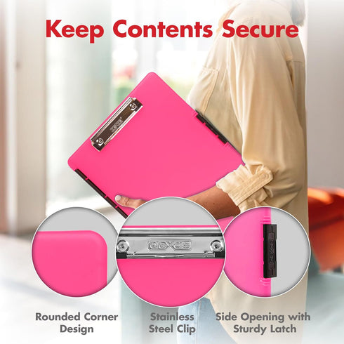 Dexas Slimcase 2 Plastic Clipboard with Storage, Neon Pink, A4 Holder for Office Supplies