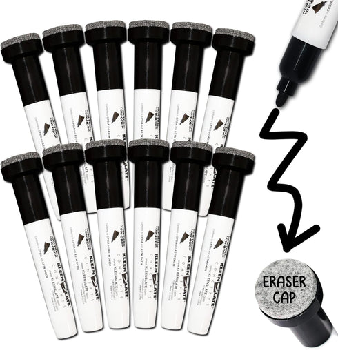 KleenSlate (12) Pack Large Black Dry Erase Markers with Eraser Cap, Round Point