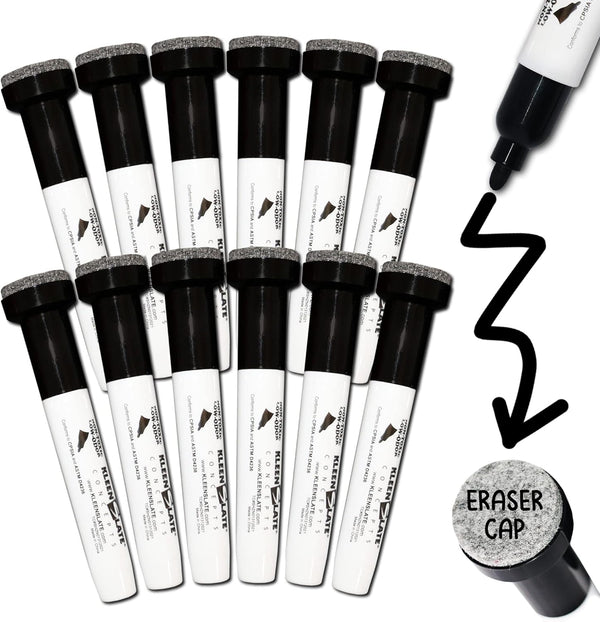 KleenSlate (12) Pack Large Black Dry Erase Markers with Eraser Cap, Round Point