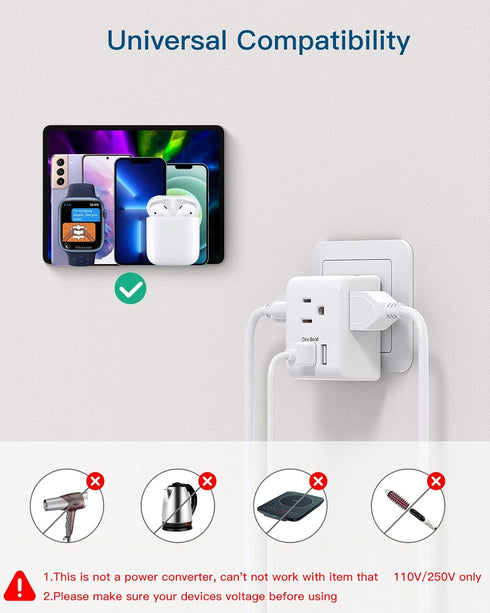 European Travel Plug Adapter with 3 Outlets, 3 USB Charging Ports (1 USB C) for Most Europe: Spain, Italy, France,