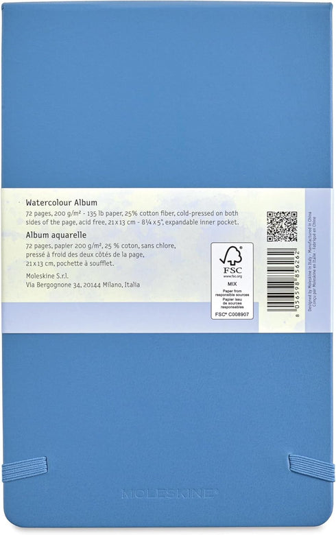 Moleskine Art Watercolor Album, Large, Plain, Hard Cover, Cornflower Blue (5 x 8.25)
