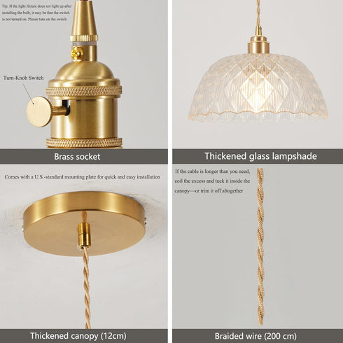 YJQHXY E26 6.56 Modern Textured Glass Pendant Light, Brass Hardwired Ceiling Hanging Light with FT Cord, Clear Dome