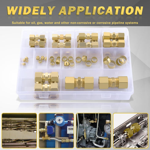 46pcs Brass Compression Tube Pipe Fittings Assortment Kit, 1/8" to 1/2" OD Compression Union Connector & Sleeves