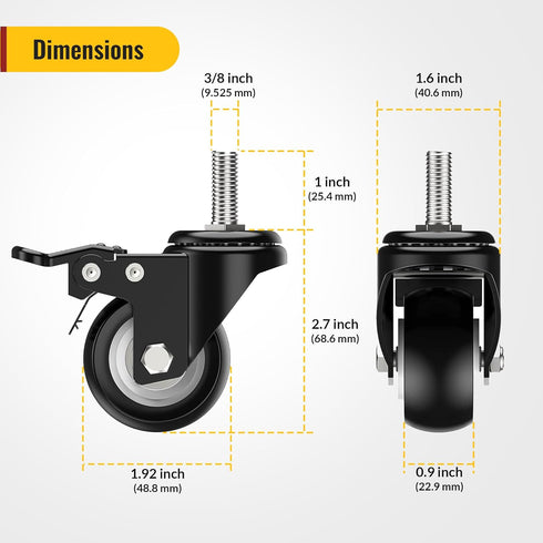 Caster Wheels 2 inch Total Locking Stem Casters, 3/8" -16 x 1" (Stem Diameter 3/8", Stem Length 1") Threaded Stem Casters Swivel Casters Set of 4 Heavy Duty Castors Black