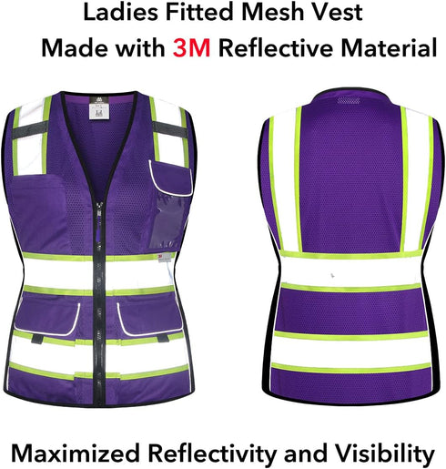 Women's Mesh Reflective Vest with Pockets - High Visibility ANSI Class 2, Made with 3M Reflective Tape, Purple XL