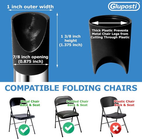 8 7/8 Inch Black Folding Chair V-Tip Stabilizer Caps, ID - Heavy Duty Nylon End Caps, Non-Marring Round Top of Leg