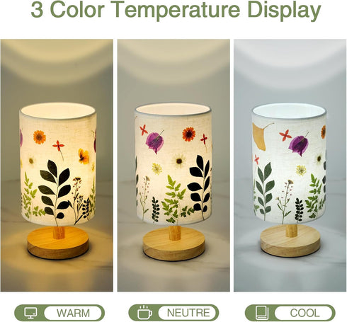 5W 3Color Pressed Flowers Table Lamp LED Temperatures Dried Flower Bedside Lamp Linen Shade with Wood Base for Bedroom