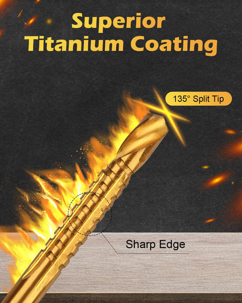 6 Pack Titanium Coated HSS Twist Drill Bit, 3-8mm Hex Shank for Wood Metal Plastic Hole Cutting