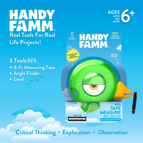 Famm 8ft 3+ Handy Green Bird Tape Measure for Kids STEM Educational Tool with Level, Protractor, Retractable Design