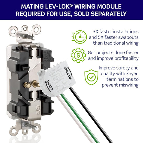 M8200-ILW 15-Amp, 2P, 3W, Leviton Lev-Lok Illuminated Face, Straight Blade, Hospital Grade, Isolated Ground, Modular