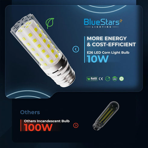 4 Pack BlueStars 10W (100 Watt Equivalent) LED Tubular Corn Light Bulbs, 1100 Lumens, 6000K Cool White, E26/E27