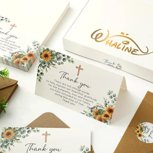 50 Whaline Pcs Funeral Thank You Card Sunflower Eucalyptus Sympathy Thank You Card with Sticker Envelope Greenery