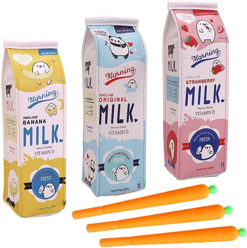 Kawaii Set of 3 Milk Carton Pencil Cases, Cosmetic Bag + 3 Carrot Gel Ink Pens