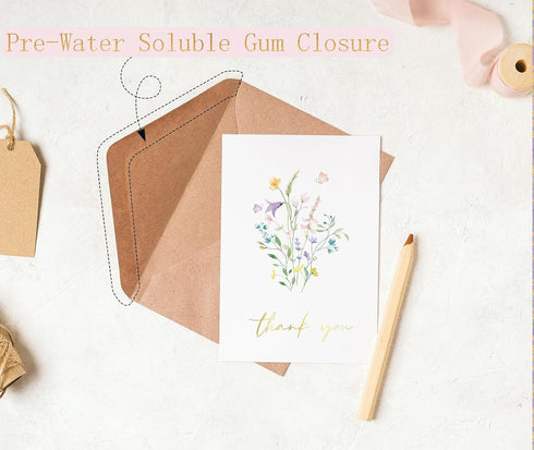 Generic 20 pack 4" 6" Floral Thank You Cards with Adhesive Envelopes, Gold Foil x Watercolor Wildflower Thank You Cards