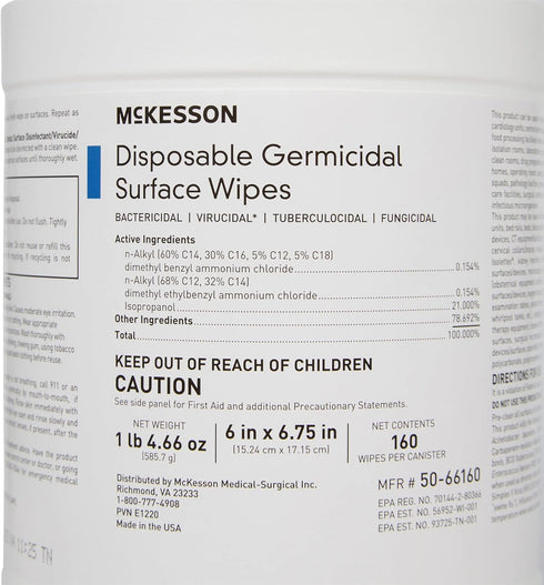 McKesson Germicidal Wipes - Alcohol Disinfecting Wipes, Hospital Grade Multi-Surface Wipes, 160 Wipes, 1 Pack
