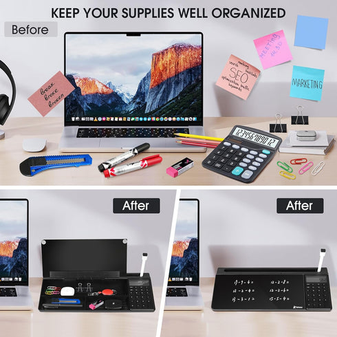 Varhomax Glass Desk Whiteboard - Black with Calculator, Desktop Dry Erase Board with Storage for Home and Office