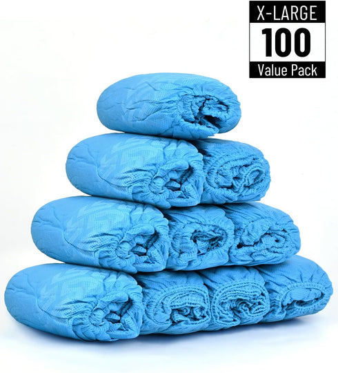 X-Large 100 Count Disposable Shoe Covers, Non-Slip Premium Cloth Boot Covers, Fits Up to Size 13 US Men - Blue