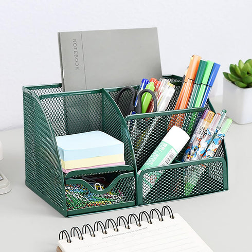 VANRA Office Supply Caddy, Metal Mesh Desktop Supplies Organizer, School Supply Holder with 6 Compartments and Drawer