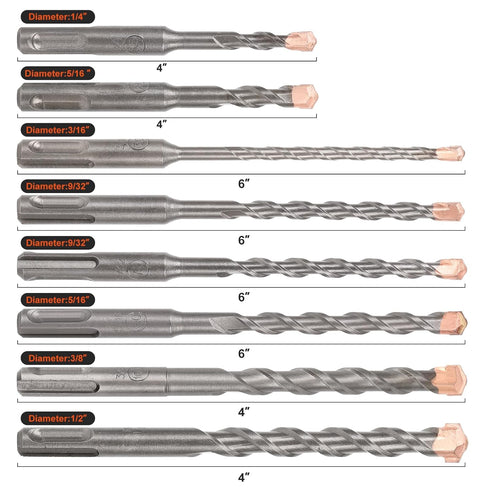 COMOWARE SDS Plus Rotary Hammer Drill Bit Set, 8 Pack Carbide Tipped for Drilling Through Masonry and Concrete