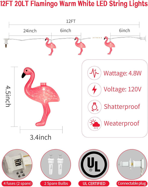 Hobbynors 12FT 20 IP44 3D LED Flamingo String Lights - UL Certified Plug-in Pink Fairy Lights, Waterproof