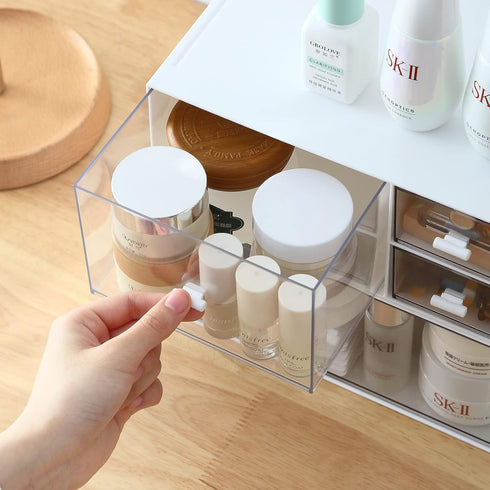 Desk Organizer, White Plastic Makeup Organizer with 4 Drawers, Vanity & Bathroom Storage Box for Dresser or Counter