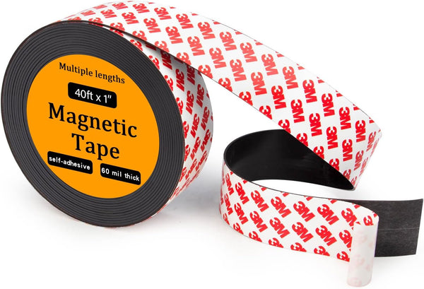 Flexible Magnetic Tape Strip Roll with 3M Adhesive Backing, 1in Wide x 40ft Long Sticky Magnet Tape Strips