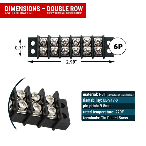 MGI SpeedWare Double Screw Terminal Junction Block 6 Circuit 300V/20A, Row Barrier Strip (2-Pack)