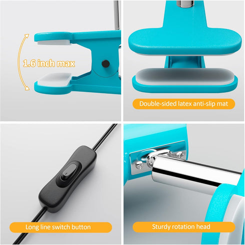 LED Clip Lamp, 5W Super Bright Small Desk Light with 330 Rotation, Clamp for Desk/Table/Bed Headboard, Modern Blue