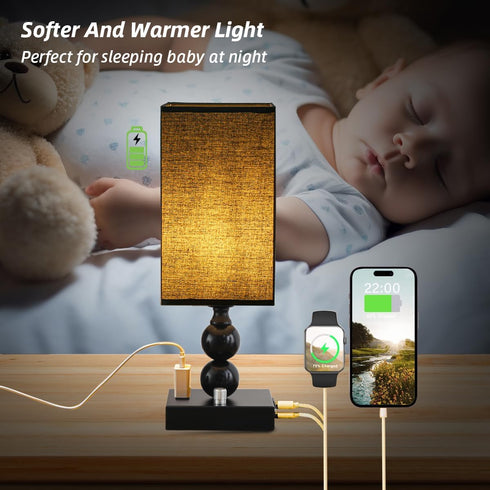 Dimmable Bulb Bedside Table lamp with Charging Station, Small end Desk Nightstand Lamps with USB Ports and outlets