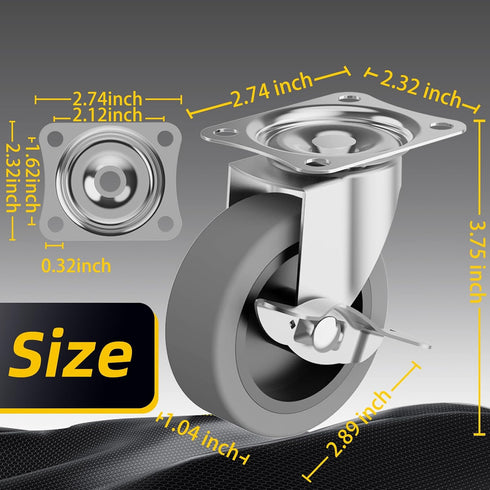 3 Inch Set 4, Caster Wheels, Casters of Heavy Duty Caster with Brake, Locking Castors with Rubber WheelPlate Swivel